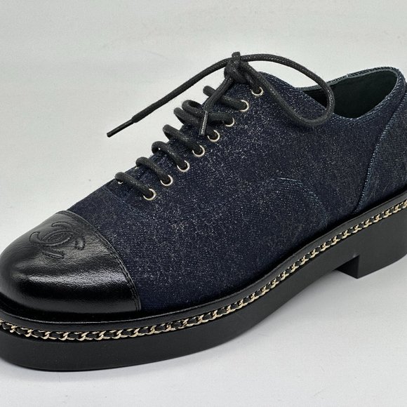 CHANEL 20K Denim Leather Chain Cap Toe Lace Up Oxford Heels Loafers Shoes - Picture 4 of 16
